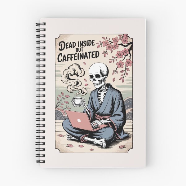 Item preview, Dead Inside But Caffeinated Skeleton in Kimono with Laptop and Coffee designed and sold by GoodGirlAlex.