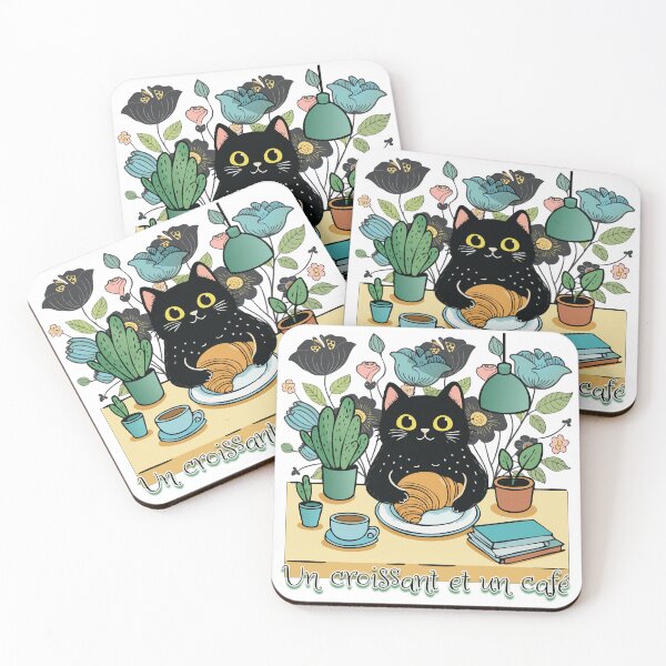 Item preview, Un croissant et un cafe - Black cat in a cafe designed and sold by ScribbL-ScrabbL.