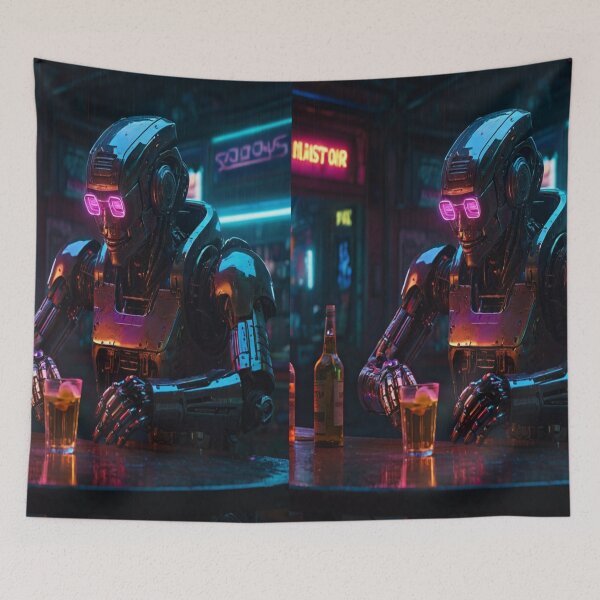 Item preview, Lonely Robot at Neon Bar – Cyberpunk Emotional Scene designed and sold by TONSNAP.