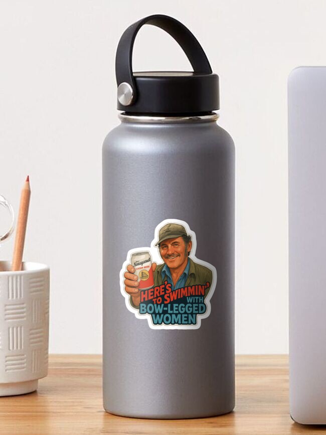 Thumbnail 1 of 3, Sticker, Here’s to Swimmin’ – Quint Jaws Movie Quote designed and sold by AltRealityMedia.