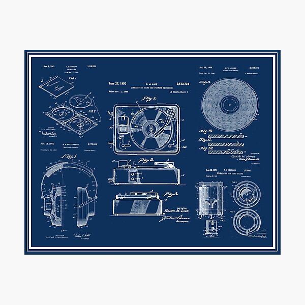 Aperçu de l'œuvre Lecteur de disque, Casque d'écoute, Président, Vinyle, Blueprint Poster créée et vendue par MadebyDesign.