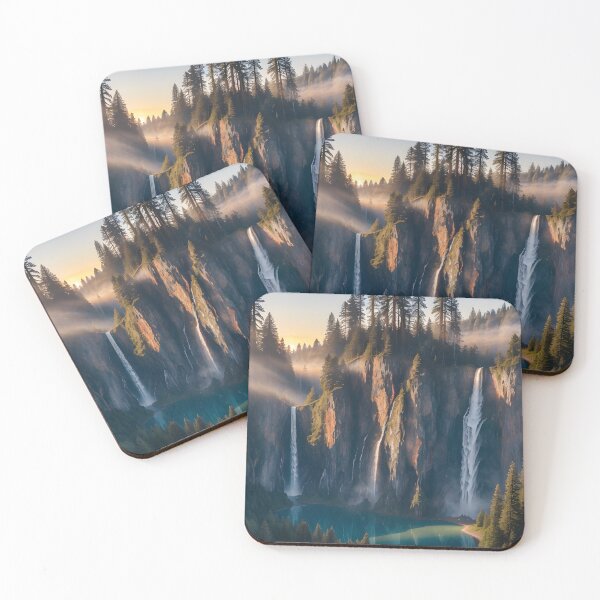 Item preview, Sunrise Waterfalls Over Forest Cliffs – Serene Nature Landscape designed and sold by Ken's World of Novelty and Good Times.