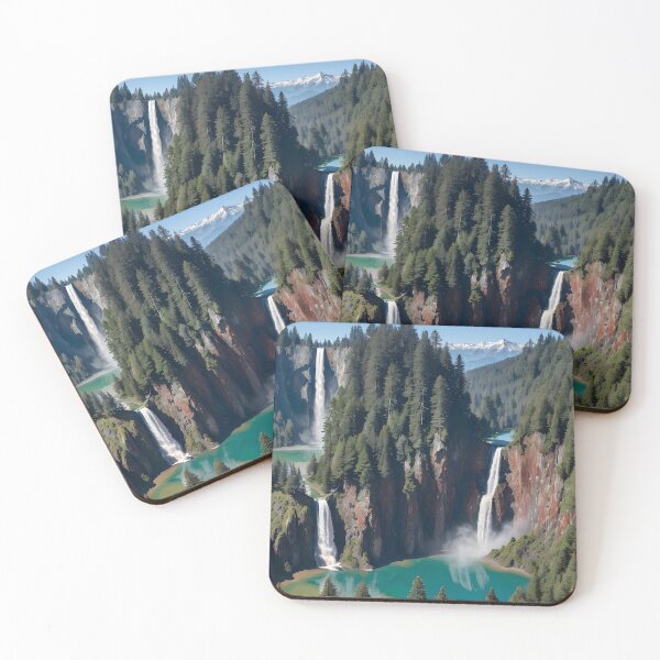 Item preview, Multiple Waterfalls Through Pine Cliffs – Majestic Mountain Lake Scene designed and sold by Ken's World of Novelty and Good Times.