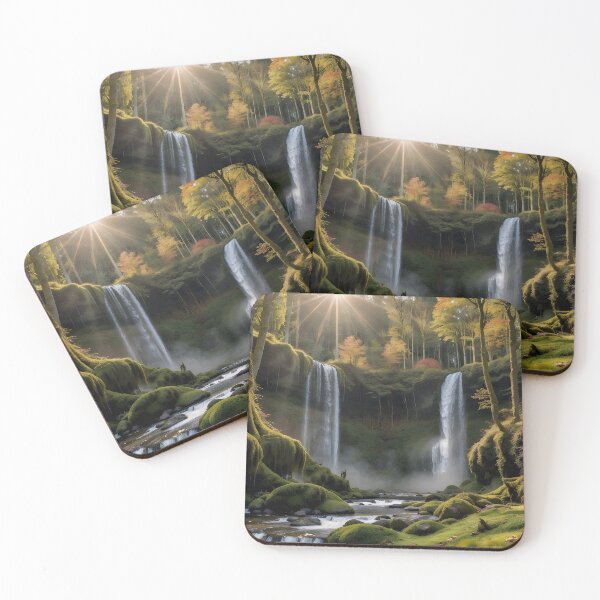 Item preview, Twin Waterfalls in Autumn Forest – Mossy Landscape Nature Art designed and sold by Ken's World of Novelty and Good Times.