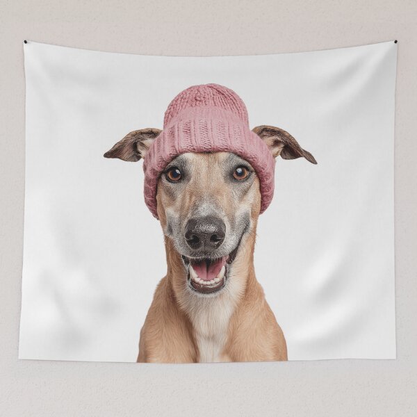 Item preview, Cozy Sloughi dog Wearing Pink Winter Hat Trendy Animal Fashion Artwork designed and sold by LazyOwlStore.