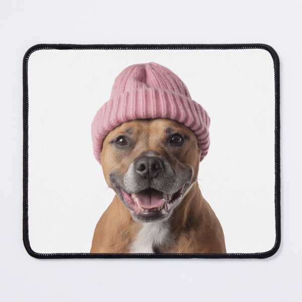 Item preview, Cozy Staffordshire Bull Terrier dog Wearing Pink Winter Hat Trendy Animal Fashion Artwork designed and sold by LazyOwlStore.