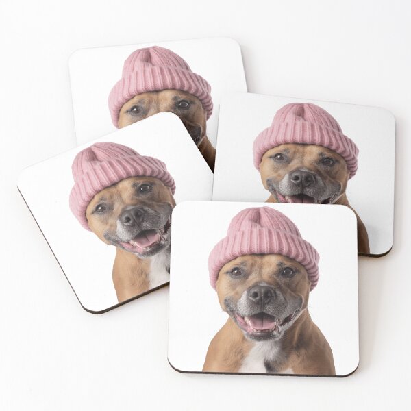 Item preview, Cozy Staffordshire Bull Terrier dog Wearing Pink Winter Hat Trendy Animal Fashion Artwork designed and sold by LazyOwlStore.