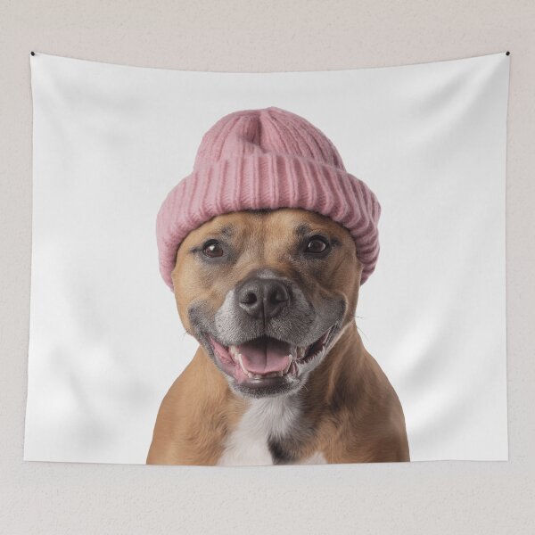 Item preview, Cozy Staffordshire Bull Terrier dog Wearing Pink Winter Hat Trendy Animal Fashion Artwork designed and sold by LazyOwlStore.