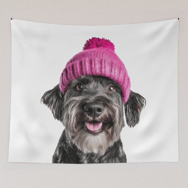 Item preview, Cozy Standard Schnauzer dog Wearing Pink Winter Hat Trendy Animal Fashion Artwork designed and sold by LazyOwlStore.