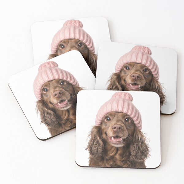 Item preview, Cozy Sussex Spaniel dog Wearing Pink Winter Hat Trendy Animal Fashion Artwork designed and sold by LazyOwlStore.