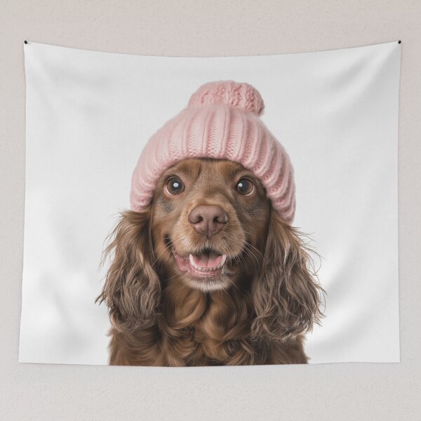 Item preview, Cozy Sussex Spaniel dog Wearing Pink Winter Hat Trendy Animal Fashion Artwork designed and sold by LazyOwlStore.