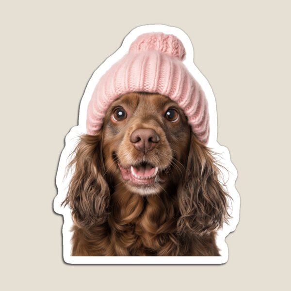 Item preview, Cozy Sussex Spaniel dog Wearing Pink Winter Hat Trendy Animal Fashion Artwork designed and sold by LazyOwlStore.
