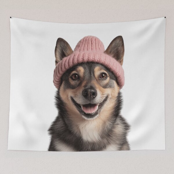 Item preview, Cozy Swedish Vallhund dog Wearing Pink Winter Hat Trendy Animal Fashion Artwork designed and sold by LazyOwlStore.