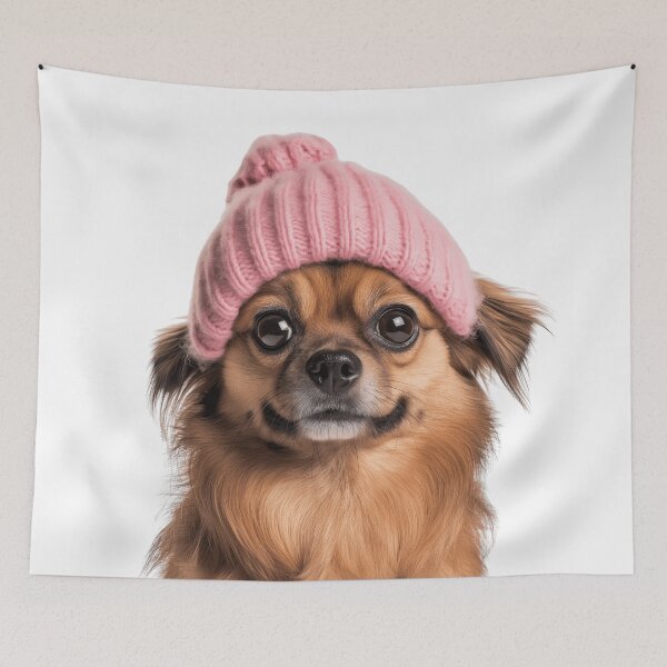Item preview, Cozy Tibetan Spaniel dog Wearing Pink Winter Hat Trendy Animal Fashion Artwork designed and sold by LazyOwlStore.