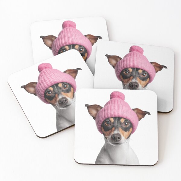Item preview, Cozy Toy Fox Terrier dog Wearing Pink Winter Hat Trendy Animal Fashion Artwork designed and sold by LazyOwlStore.