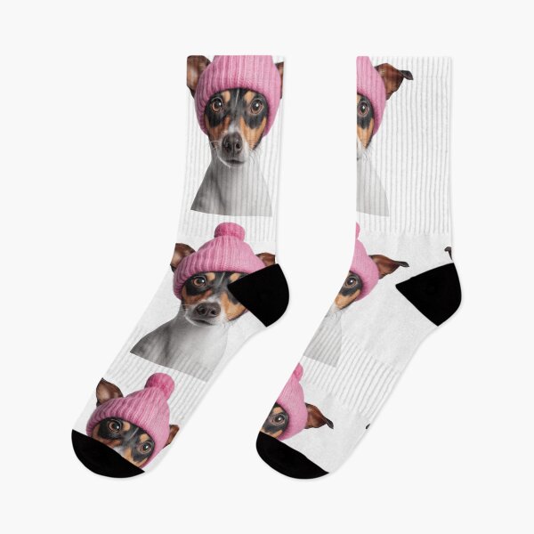 Item preview, Cozy Toy Fox Terrier dog Wearing Pink Winter Hat Trendy Animal Fashion Artwork designed and sold by LazyOwlStore.