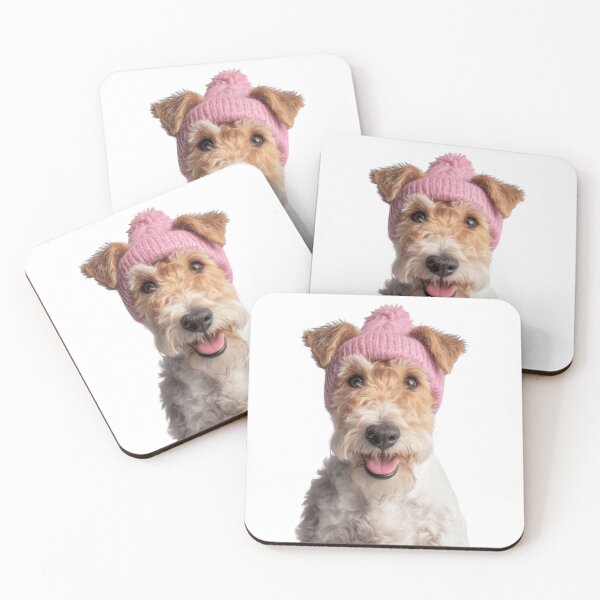Item preview, Cozy Wire Fox Terrier dog Wearing Pink Winter Hat Trendy Animal Fashion Artwork designed and sold by LazyOwlStore.
