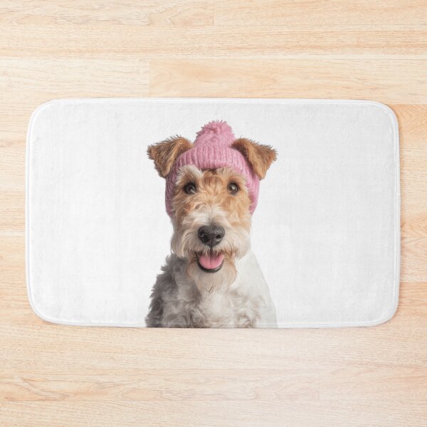 Item preview, Cozy Wire Fox Terrier dog Wearing Pink Winter Hat Trendy Animal Fashion Artwork designed and sold by LazyOwlStore.