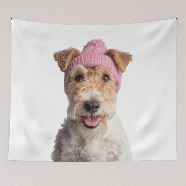 Item preview, Cozy Wire Fox Terrier dog Wearing Pink Winter Hat Trendy Animal Fashion Artwork designed and sold by LazyOwlStore.