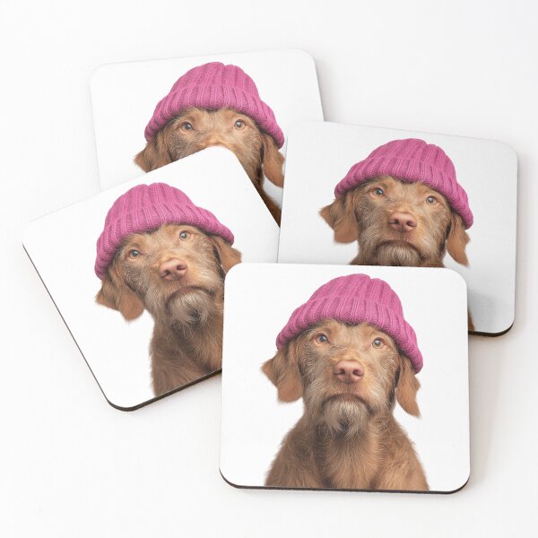 Item preview, Cozy Wirehaired Vizsla dog Wearing Pink Winter Hat Trendy Animal Fashion Artwork designed and sold by LazyOwlStore.