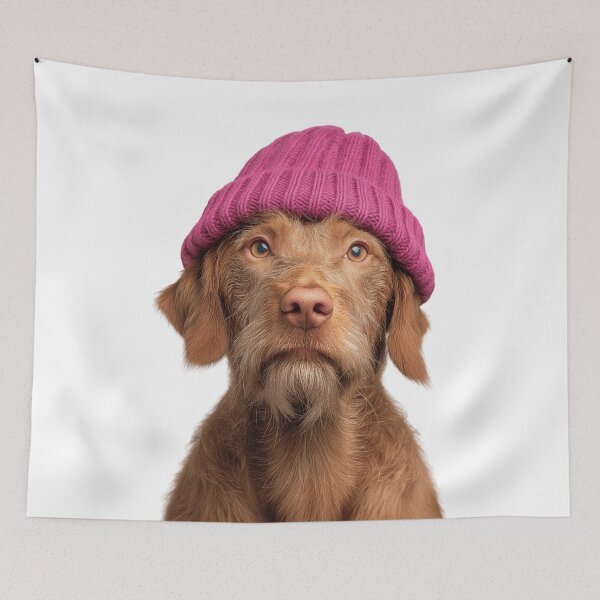 Item preview, Cozy Wirehaired Vizsla dog Wearing Pink Winter Hat Trendy Animal Fashion Artwork designed and sold by LazyOwlStore.
