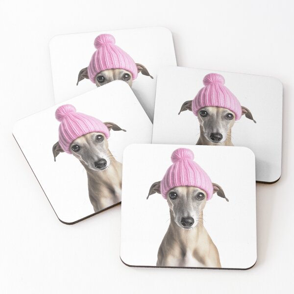 Item preview, Cozy Whippet dog Wearing Pink Winter Hat Trendy Animal Fashion Artwork designed and sold by LazyOwlStore.