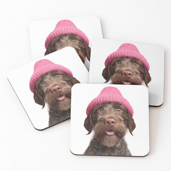 Item preview, Cozy Wirehaired Pointing Griffon dog Wearing Pink Winter Hat Trendy Animal Fashion Artwork designed and sold by LazyOwlStore.