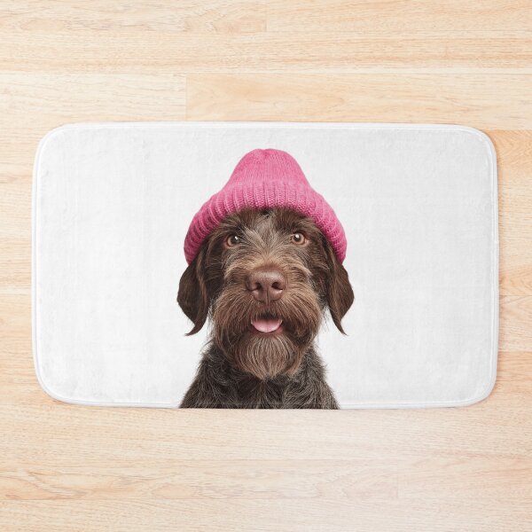 Item preview, Cozy Wirehaired Pointing Griffon dog Wearing Pink Winter Hat Trendy Animal Fashion Artwork designed and sold by LazyOwlStore.