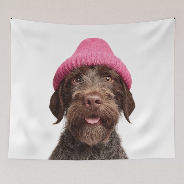 Item preview, Cozy Wirehaired Pointing Griffon dog Wearing Pink Winter Hat Trendy Animal Fashion Artwork designed and sold by LazyOwlStore.