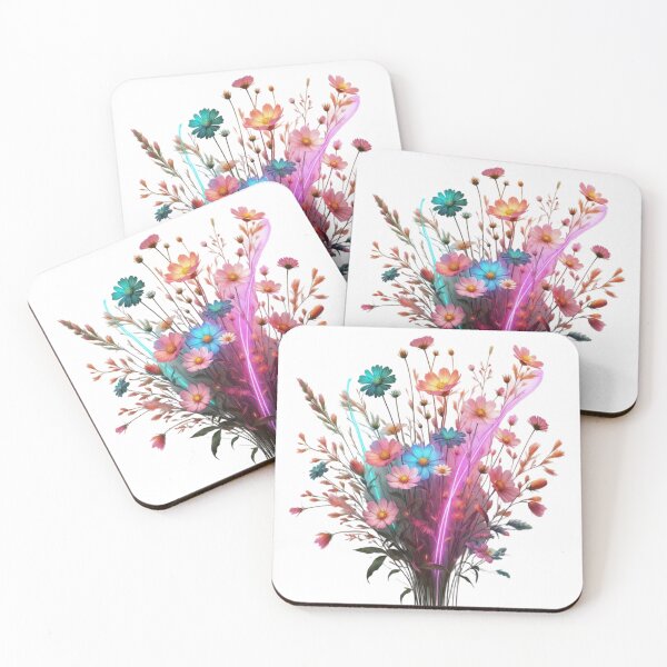Item preview, Vibrant Flower Bouquet with Neon Light Streaks on Black Background designed and sold by Creative88Art.
