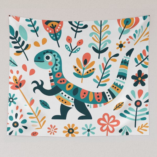 Item preview, Whimsical Tyrannosaurus Rex Bloom - Scandinavian Folk Art by heidiannemorris © designed and sold by FOLK ART FUSION.