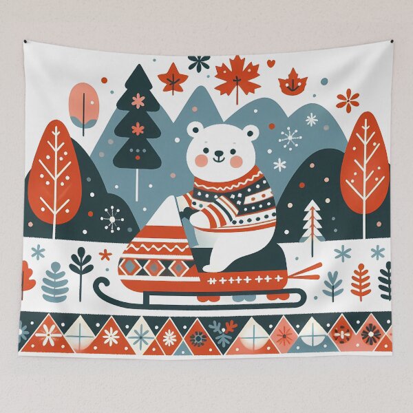 Item preview, Whimsical Polar Bear Snowmobile Ride - Scandinavian Folk Art by heidiannemorris © designed and sold by FOLK ART FUSION by heidiannemorris.