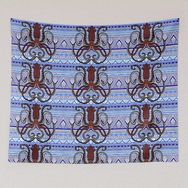 Item preview, Light Blue and Blue Tribal Pattern with Giant Squid designed and sold by Steeb757.