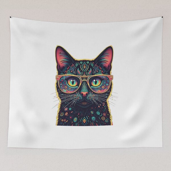 Item preview, psychedelic black cat designed and sold by Cosmic Catnip Art.