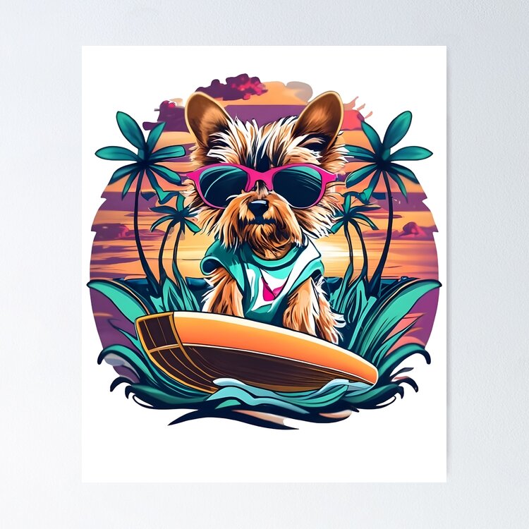  Dog on Surfboard. Pawsome Ride: Vintage Yorkshire Terrier Sticker