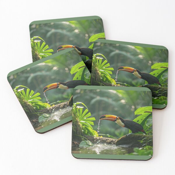 Item preview, Toucan drinking water in lush tropical jungle nature photography vibrant green environment close-up view designed and sold by elkuni.