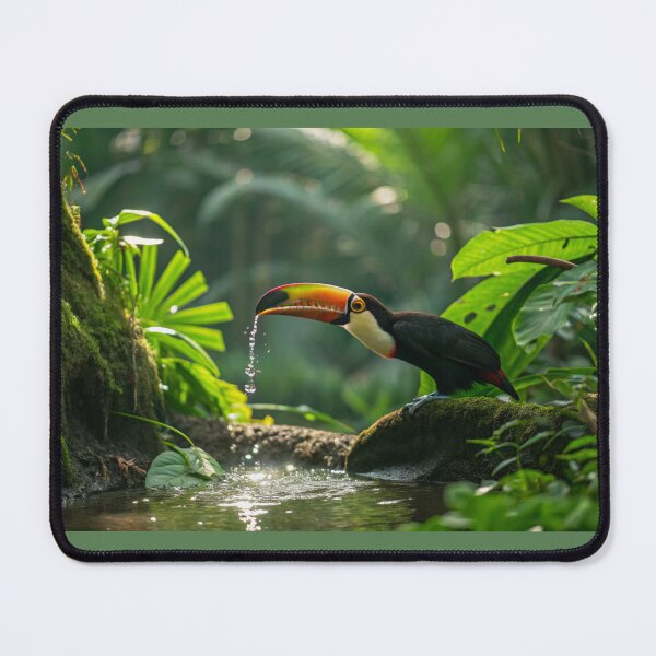 Item preview, Toucan drinking water in lush tropical jungle nature photography vibrant green environment close-up view designed and sold by elkuni.