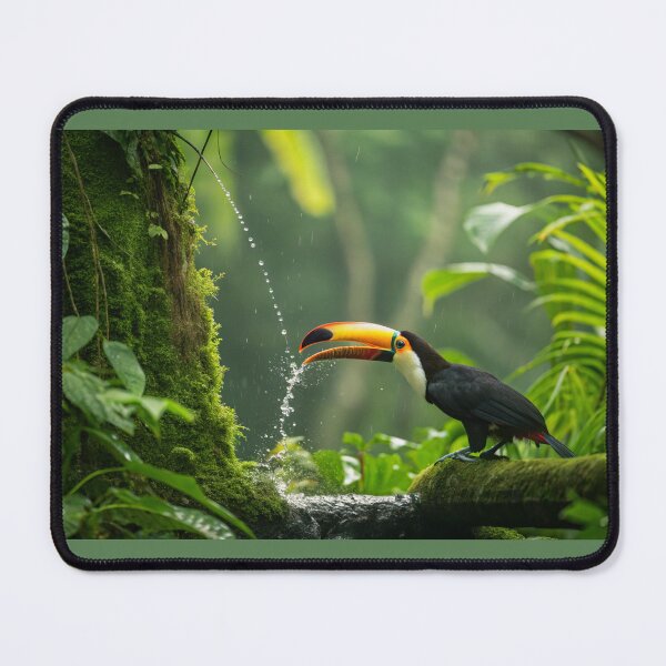 Item preview, Toucan drinking water in lush tropical jungle nature photography vibrant green environment close-up view designed and sold by elkuni.