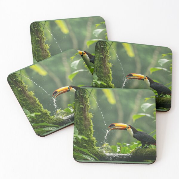 Item preview, Toucan drinking water in lush tropical jungle nature photography vibrant green environment close-up view designed and sold by elkuni.