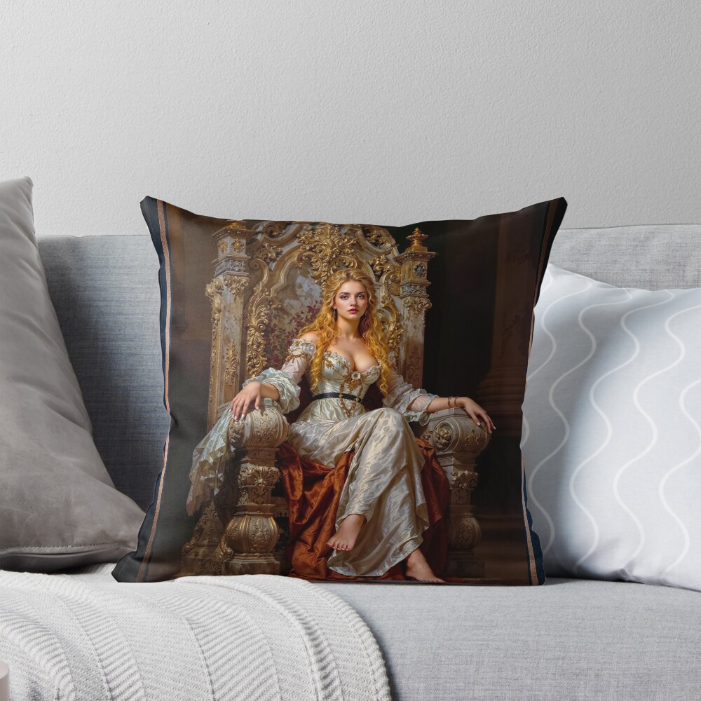 Regal Vision Of Lady Crysilda Lisalis On Throne Chair Captivating AI Concept Art by Xzendor7 Decorative Art Print Throw Pillow
