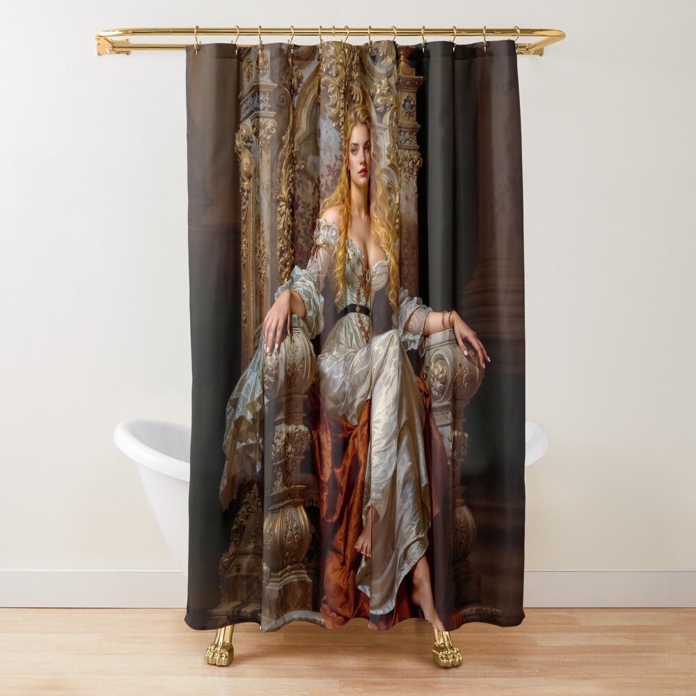 Regal Vision Of Lady Crysilda Lisalis On Throne Chair Captivating AI Concept Art by Xzendor7 Decorative Art Print Shower Curtain
