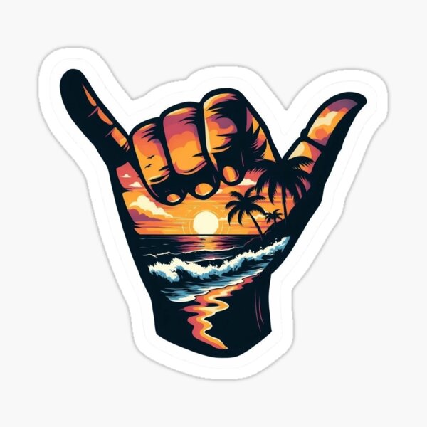 Item preview, Lebendiger Shaka-Schild-Aufkleber mit tropischer Sonnenuntergangs-Strandszene designed and sold by Winther-Art.