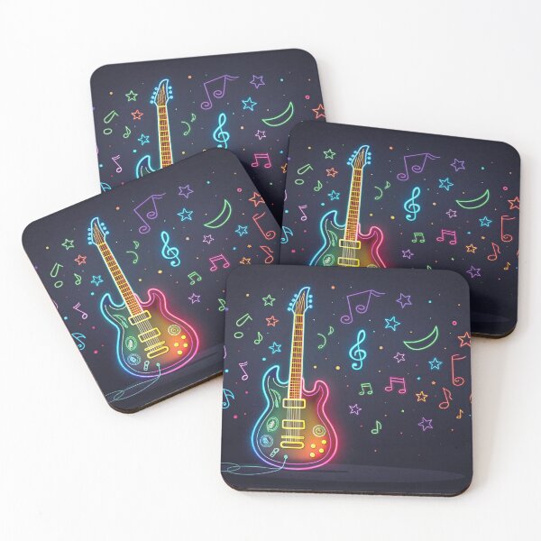 Item preview, vibrant electric guitar with colorful neon lights and musical notes, set against dark background, creates lively and artistic atmosphere designed and sold by elkuni.