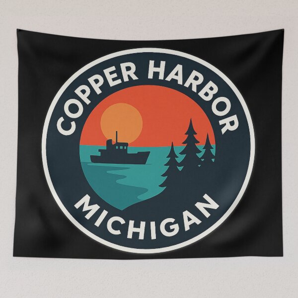 Item preview, Copper Harbor Michigan Retro Sunset Pine Tree Design designed and sold by American Travels.