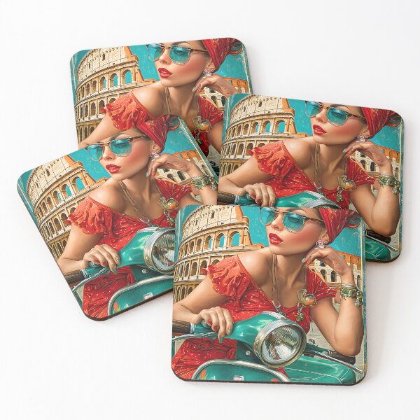 Item preview, Travel poster of a Woman on Scooter Amidst Ancient Italy designed and sold by Artessie.
