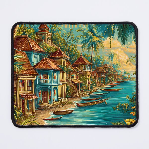 Item preview, Travel poster of Vibrant Bali Village by the Water with Lush Palms designed and sold by Artessie.