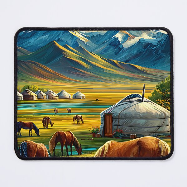 Item preview, Travel poster of a Breathtaking Mongolian Landscape with Horses and Yurts designed and sold by Artessie.