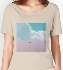 Abstract minimalist scenic view of calm sea with boat in sunset Women's Relaxed Fit T-Shirt