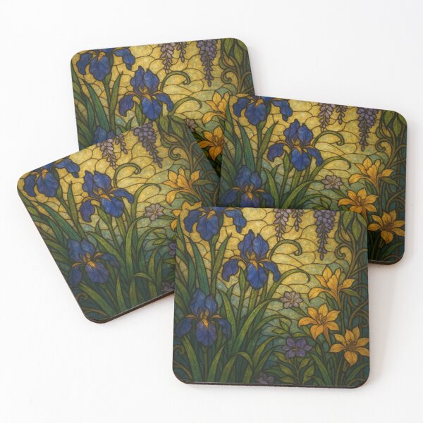 Item preview, Elegant Stained Glass Depicting Colorful Irises and Wisteria Blossoms designed and sold by Rue Market.