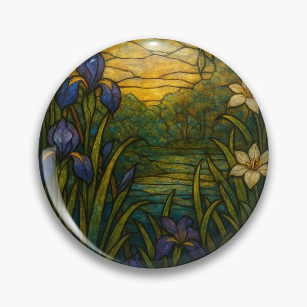 Item preview, Stained Glass Window Depicting Floral Scene with Irises and Sunset designed and sold by Rue Market.